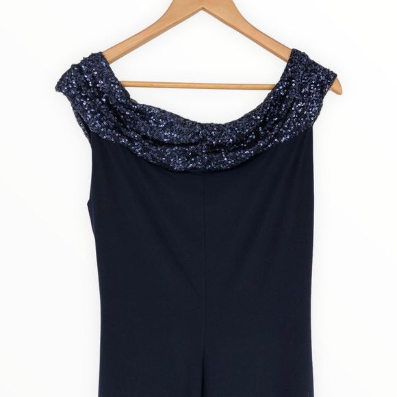 Lauren Ralph Lauren Evening Navy Sequin Trim Stretch Jersey Dress size 14 - Picture 5 of 12